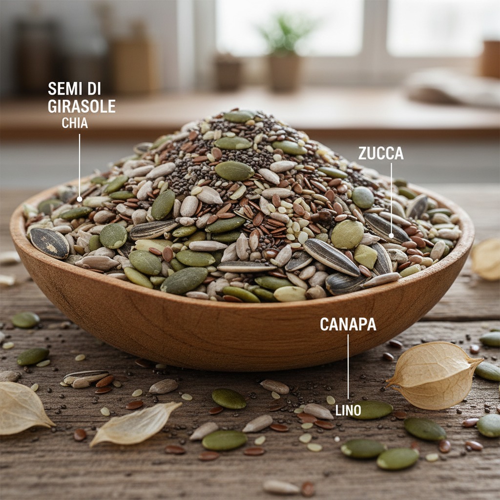 Una ciotola di legno piena di vari semi con etichette esplicative in italiano per semi di girasole, chia, zucca, canapa e lino.