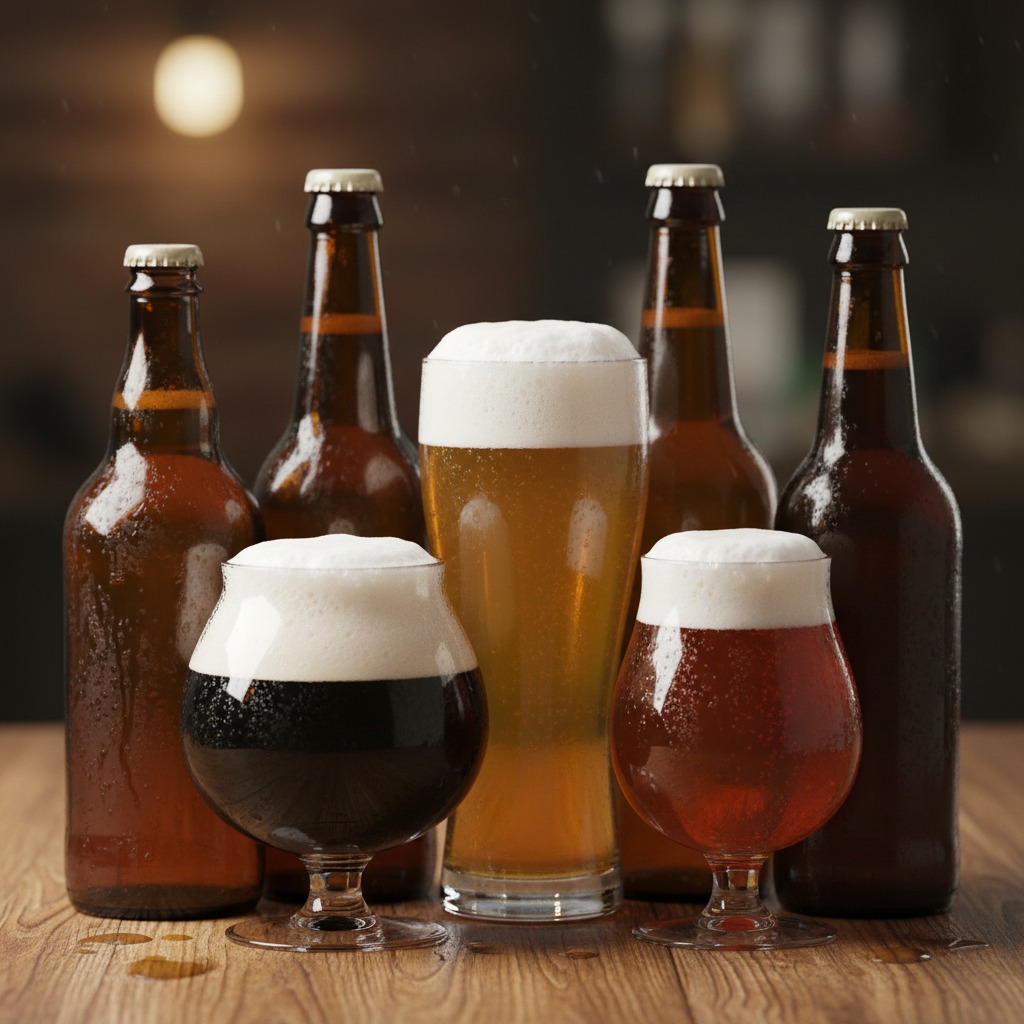 Bottiglie di birra e bicchieri pieni disposti su un tavolo di legno.
