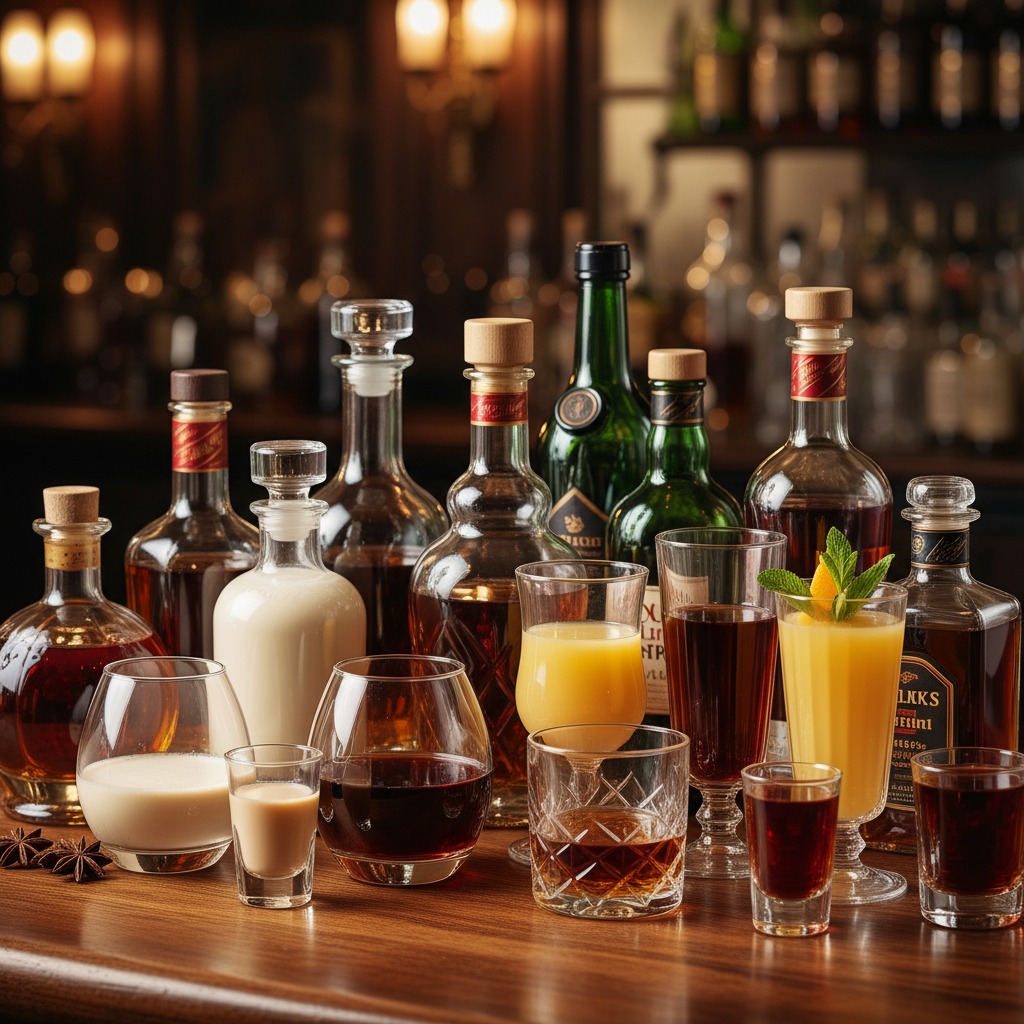 Bottiglie di liquore e bicchieri di cocktail sono disposti su un bancone di legno con sfondi illuminati di un bar.