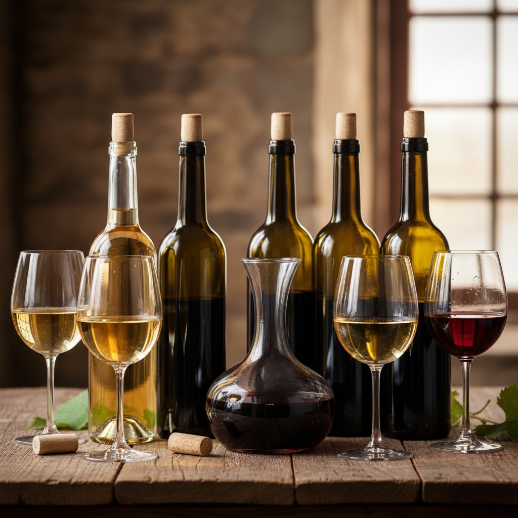 Cinque bottiglie di vino, quattro bicchieri e una caraffa sono disposti su un tavolo di legno.