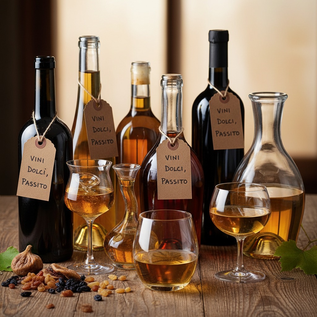 Diverse bottiglie di vino passito con etichette scritte a mano e bicchieri di vino ambrato posati su un tavolo di legno accanto a fichi secchi e uvetta.