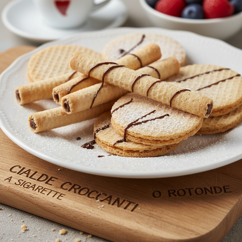Un piatto bianco con cialde croccanti e sigarette di pasta sfoglia ripiene di cioccolato, poggiato su un tagliere di legno con la scritta in rilievo.