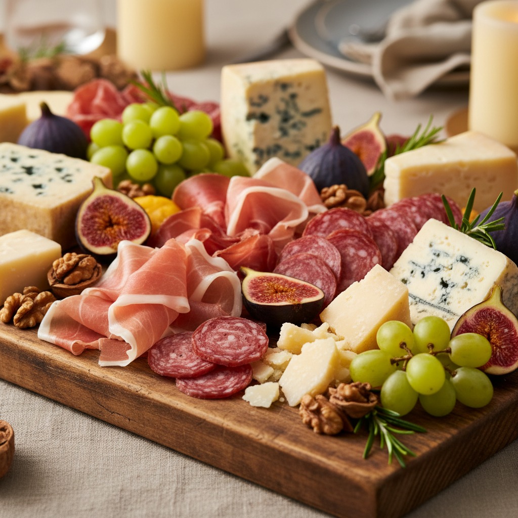 Un tagliere di legno imbandito con formaggi misti, salumi, fichi freschi, uva e noci.